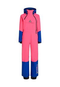Kleurrijk roze en blauwe skikleding met een hoge kraag, verstelbare capuchon, voorzak en elastische manchetten en enkels. Duurzaam, waterafstotend materiaal.