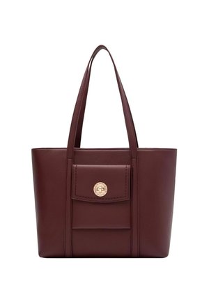 Borsa tote in pelle di colore marrone scuro con manici lunghi e una tasca anteriore con un elegante pulsante dorato rotondo.