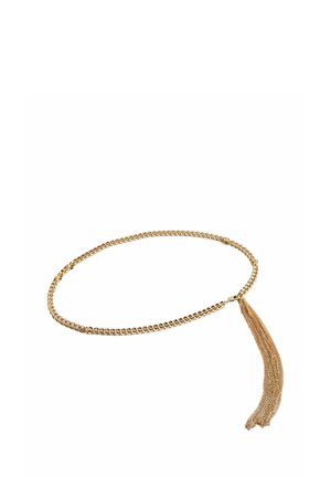Gold chain belt with thick links and a fringe tassel hanging from one end on a white background.