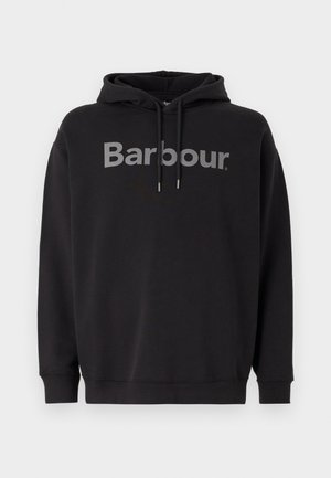Black hooded sweatshirt with gray "Barbour" logo across the chest, featuring a drawstring hood and ribbed cuffs and hem.