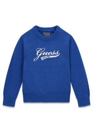 Pull bleu à manches longues avec col rond, poignets et ourlet côtelés, comportant le texte logo blanc "Guess EST. 1981" à l'avant.