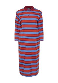 Sukienka w paski z czerwonymi i niebieskimi poziomymi paskami, długimi rękawami i kołnierzykiem z trzema guzikami.
