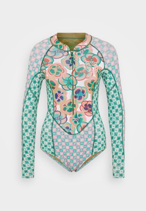 Langermet våtdrakt med et blomster- og geometrisk mønster i pastellfarger, med glidelås foran og kontraststingdetaljer.