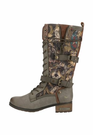 Hoher Schnürstiefel mit Obermaterial aus floralem und abstrakt gemustertem Stoff, grauer Lederkappe und Riemen, seitlichem Reißverschluss und niedrigem Holzabsatz.