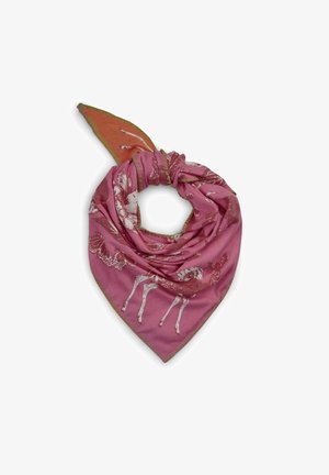 Square silk scarf in pink with a graphic print of animals, featuring green stitching along the edges and a pointed tie in one corner.