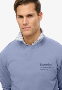 Sudadera de color azul claro hecha de tela suave. Presenta un cuello redondo y un logo de la marca impreso con ubicaciones en la parte delantera. Lleva una camisa a rayas debajo.