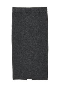 Dunkelgrauer gestrickter Bleistiftrock mit einem kleinen Schlitz am Saum, gerader Schnitt und elastischem Taillenbund.