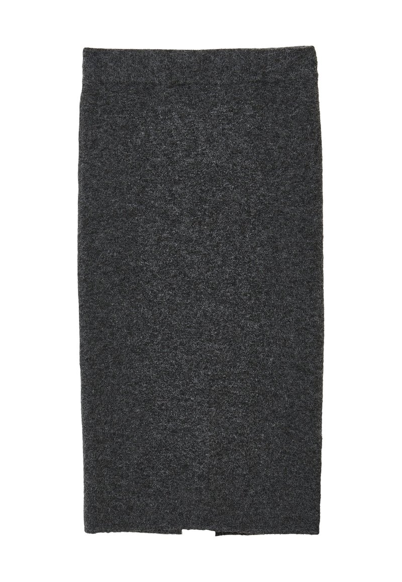Dunkelgrauer gestrickter Bleistiftrock mit einem kleinen Schlitz am Saum, gerader Schnitt und elastischem Taillenbund.