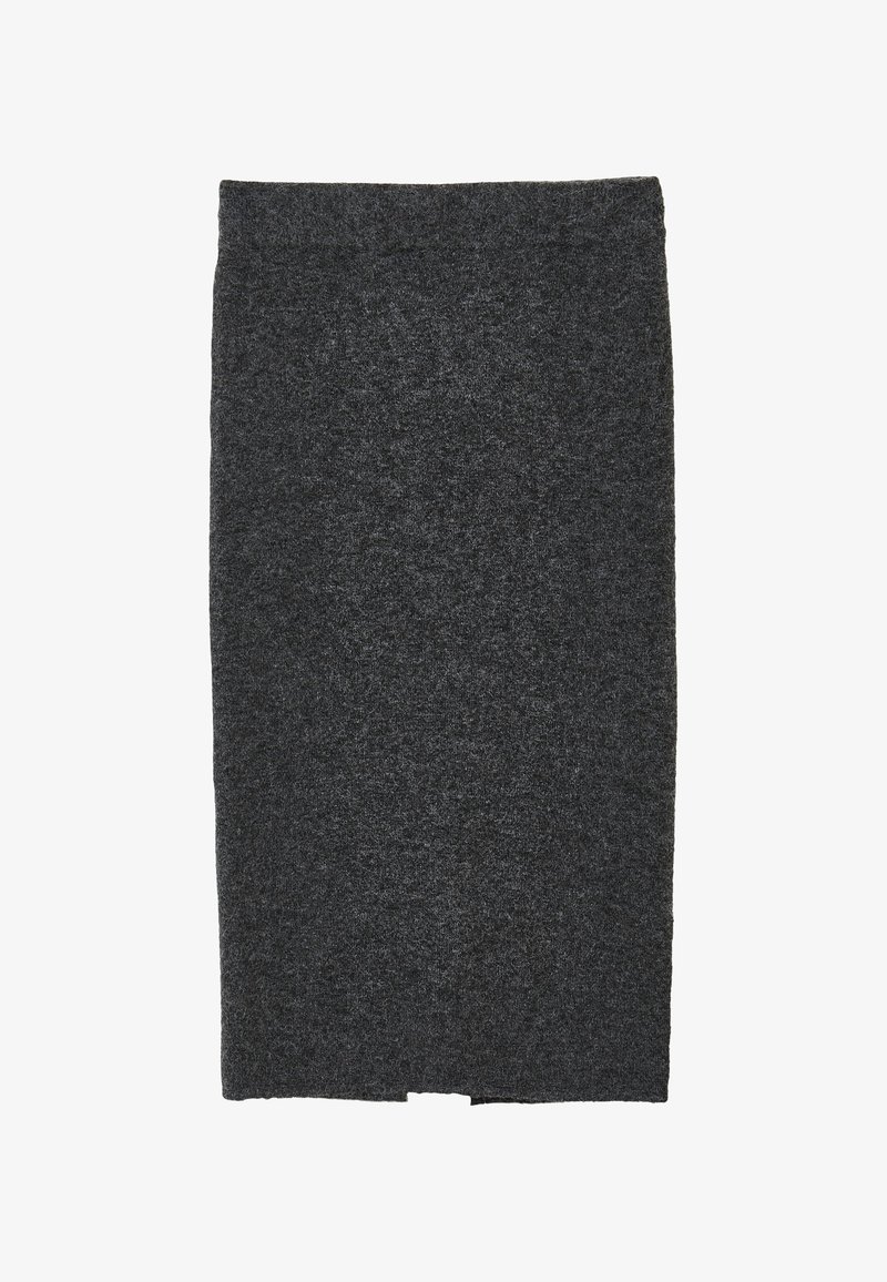 Dunkelgrauer gestrickter Bleistiftrock mit einem kleinen Schlitz am Saum, gerader Schnitt und elastischem Taillenbund.