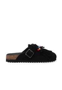 Sort ruskinds slide sandal med en korksål, der har farverige perler og frynse detaljer på stropen samt en firkantet sølvspænde.