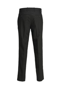 Pantalon noir avec une coupe droite, doté d'une texture lisse, de deux poches arrière et de détails de couture subtils.