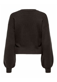 Dark brown cropped sweater with balloon sleeves, ribbed cuffs, and a smooth knit texture. Simple, minimalistic design, no visible graphics.