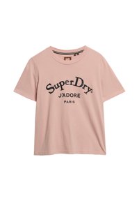 Jasnoróżowa bawełniana koszulka z krótkimi rękawami, okrągłym dekoltem i czarnym nadrukiem z napisem "SuperDry J'ADORE PARIS" na przodzie.