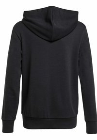 Sudadera negra con un gran bolsillo trasero, puños y dobladillo acanalados. Tejido suave con capucha texturizada. Diseño simple y clásico.