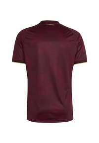 Maroon athletic jersey with a textured geometric pattern, short sleeves, and gold accents at the collar and sleeves.