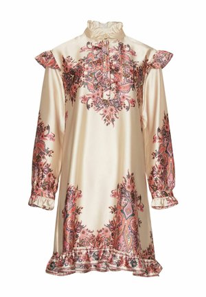 Satin dress with a high ruffled collar, long sleeves, and ruffled cuffs. Features a pink and blue floral paisley pattern on a cream background.