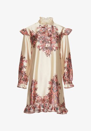 Satin dress with a high ruffled collar, long sleeves, and ruffled cuffs. Features a pink and blue floral paisley pattern on a cream background.