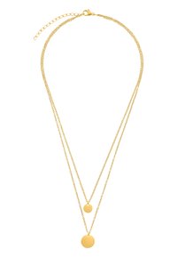 Collana a strati in tono oro con due pendenti circolari, uno più grande e uno più piccolo, sospesi su catene sottili e delicate.