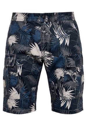 Shorts cargo bleu marine pour hommes avec imprimé de feuilles tropicales blanches et grises, poches à rabat à l'avant, fermeture par boutons et passants pour ceinture.