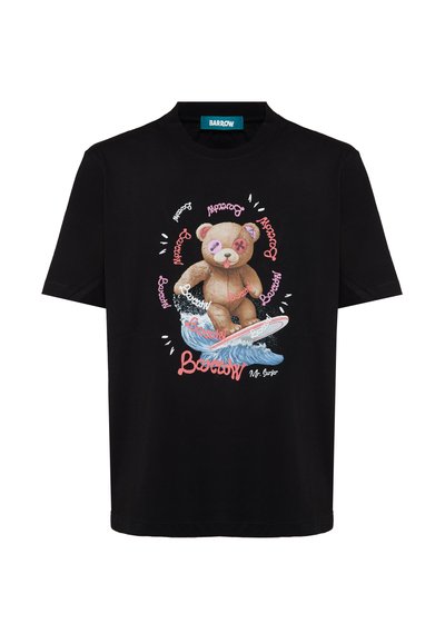 Black t-shirt with a teddy bear surfing a wave, pink and white "Barrow" text around and below the bear, labeled "Mr. Surfer".