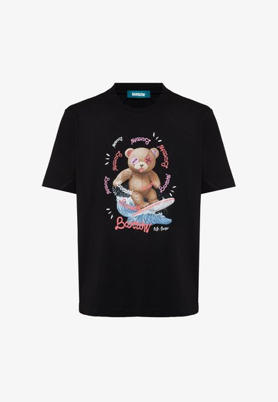 Black t-shirt with a teddy bear surfing a wave, pink and white "Barrow" text around and below the bear, labeled "Mr. Surfer".