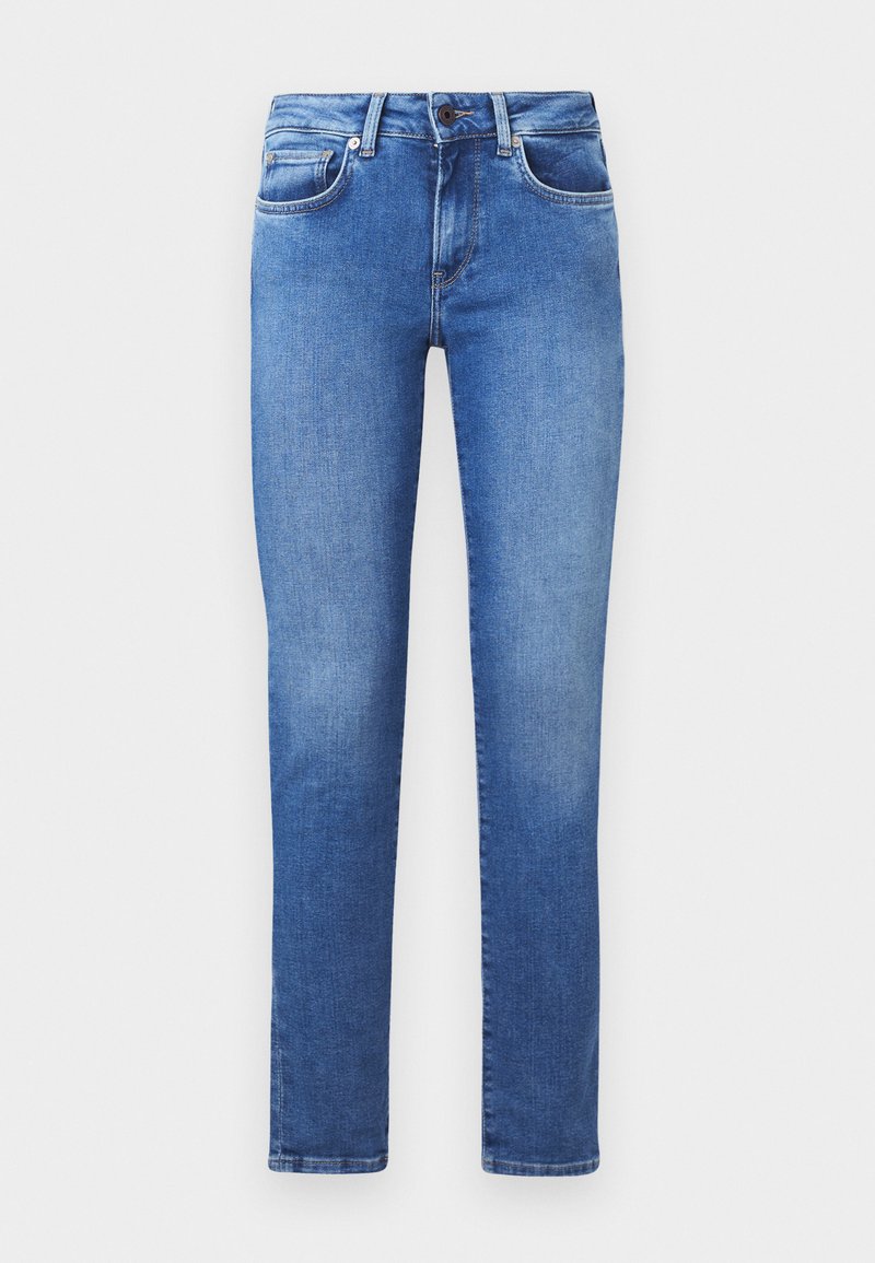 Blaue Jeans aus Denim mit geradem Bein, fünf Taschen und Knopfverschluss. Der Stoff hat eine glatte Textur mit leichter Ausbleichung.
