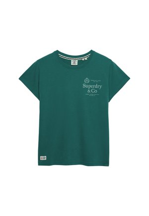 Teal short-sleeve crew neck t-shirt with "Superdry & Co" logo and small printed text on the left chest and a brand patch near the hem.