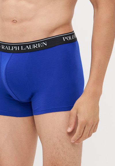 Modri bokserice iz mešanice bombaža, z črnim elastičnim pasom z logotipom "POLO RALPH LAUREN" in gladko teksturo.