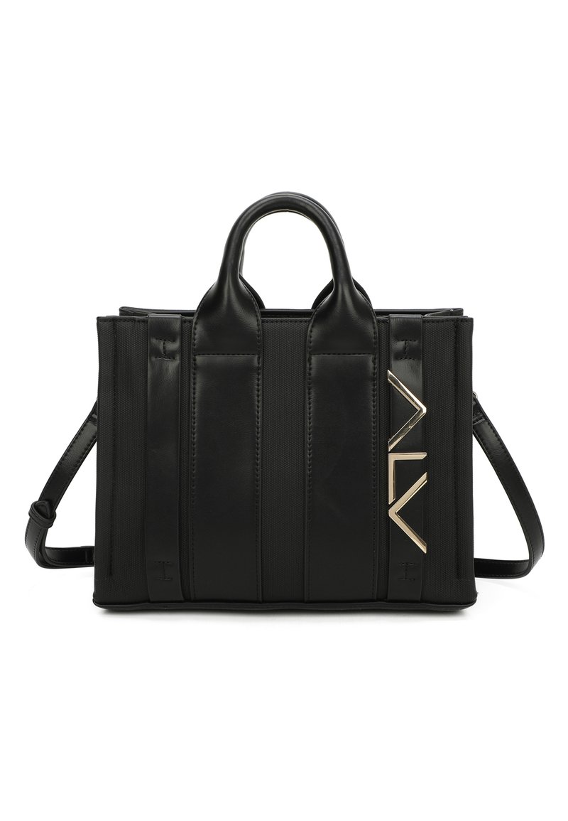Borsa strutturata nera in pelle liscia con pannello testurizzato, dotata di doppi manici e tracolla staccabile. Logo con accento dorato.