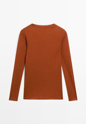 Long-sleeve top in rust-colored fabric. Simple crew neckline, smooth texture, full-length sleeves, and a relaxed fit, no visible patterns or accents.
