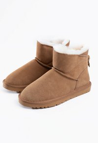 Stivaletti in suede marrone con fodera in pelliccia sintetica, punta arrotondata, design all'altezza della caviglia, suola in gomma piatta e dettaglio fiocco laterale.