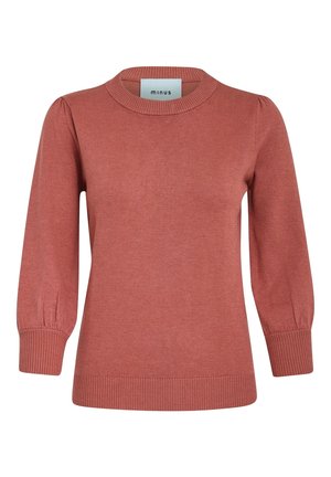 Terrakotta-Pullover mit Rundhalsausschnitt, gerippten Bündchen und Saum sowie Puffärmeln. Hergestellt aus weichem, dehnbarem Strickmaterial.