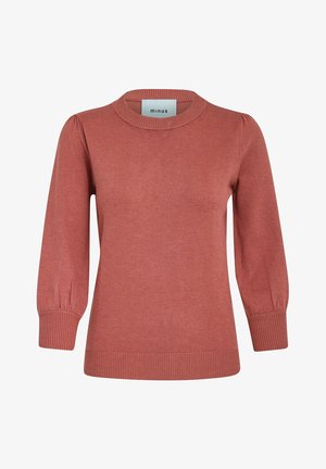 Terrakotta-Pullover mit Rundhalsausschnitt, gerippten Bündchen und Saum sowie Puffärmeln. Hergestellt aus weichem, dehnbarem Strickmaterial.