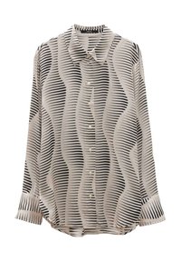 Long-sleeve blouse in smooth fabric featuring a cream base with black wavy stripes, button-down front, and a classic collar design.