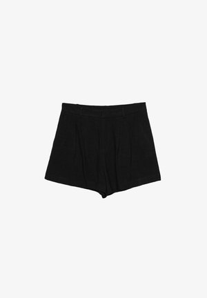 Pantaloni neri realizzati in un tessuto testurizzato, con un design plissettato, vita media e una vestibilità dritta senza chiusure visibili.