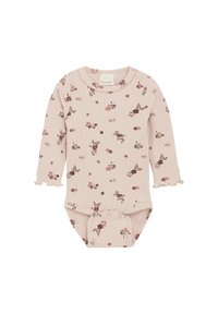 Långärmad baby bodysuit i mjuk rosa tyg med ribbat mönster. Har ett blommönster i mörkrosa och grönt, med volangmuddar och tryckknappar.