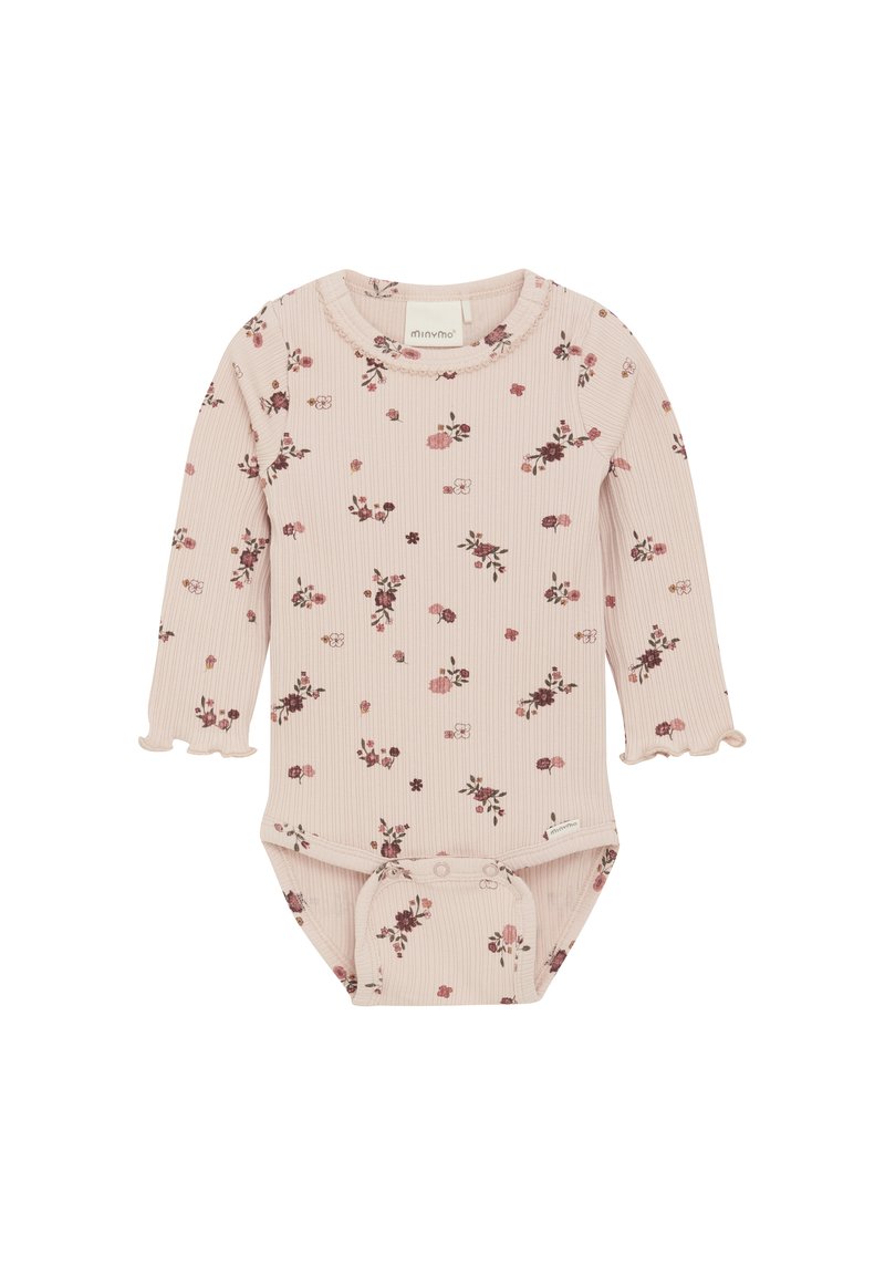 Långärmad baby bodysuit i mjuk rosa tyg med ribbat mönster. Har ett blommönster i mörkrosa och grönt, med volangmuddar och tryckknappar.