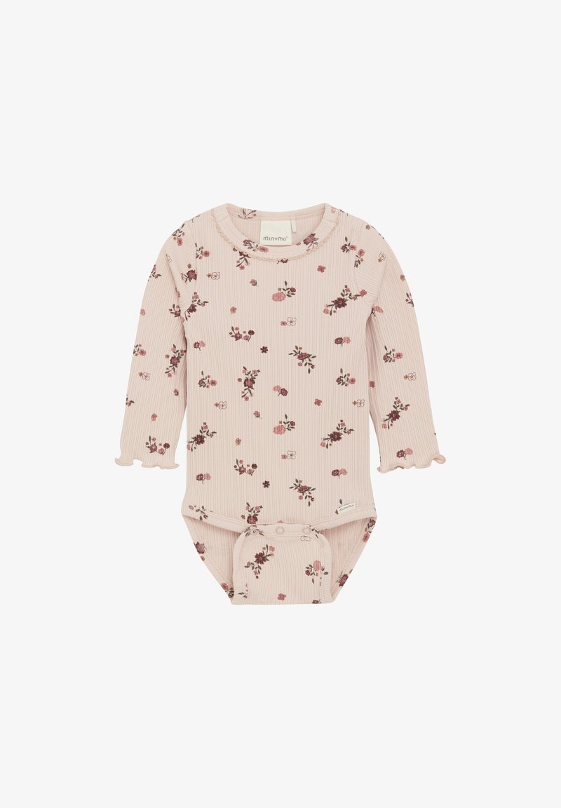 Långärmad baby bodysuit i mjuk rosa tyg med ribbat mönster. Har ett blommönster i mörkrosa och grönt, med volangmuddar och tryckknappar.