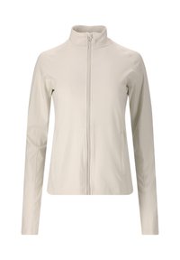 Helle beigefarbene Zip-Jacke mit hohem Kragen, hergestellt aus glattem, dehnbarem Stoff; verfügt über lange Ärmel und seitliche Taschen.