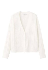 Cárdigan blanco de punto con cuello en V, puños acanalados y cinco botones. Presenta un patrón de punto trenzado y un diseño corto para un ajuste relajado.