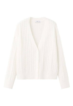 Cárdigan blanco de punto con cuello en V, puños acanalados y cinco botones. Presenta un patrón de punto trenzado y un diseño corto para un ajuste relajado.