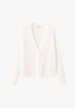 Cardigan blanc en maille tricotée avec col en V, poignets côtelés et cinq boutons. Présente un motif en torsades tricotées et un design court pour une coupe décontractée.