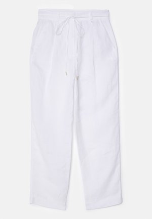 Pantalons en lin blancs avec une coupe décontractée, taille élastique avec cordon de serrage et deux plis frontaux pour plus de détails.