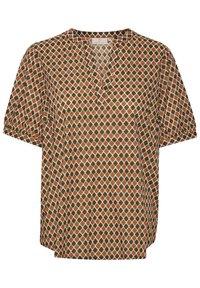 Blouse à manches courtes avec un col en V dans un motif géométrique orange, vert et blanc. Tissu léger avec une coupe décontractée.