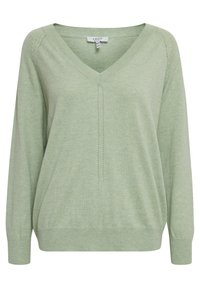 Hellgrüner, gestrickter Pullover mit V-Ausschnitt, langen Ärmeln und subtiler Strukturierung in der Mitte. Weiches, lässiges Design.