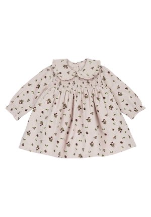 Robe bébé à manches longues avec col Claudine, tissu rose clair et petits imprimés floraux et papillons sur toute la surface.