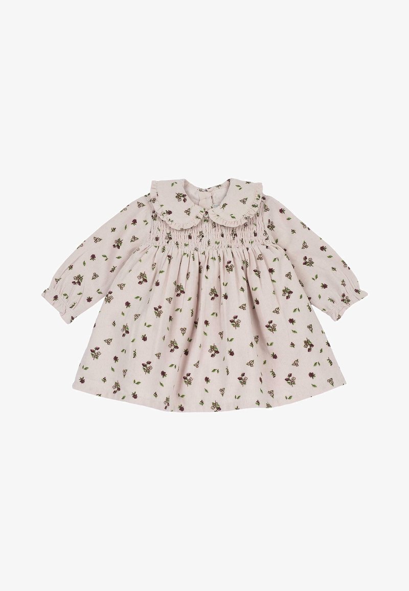 Robe bébé à manches longues avec col Claudine, tissu rose clair et petits imprimés floraux et papillons sur toute la surface.