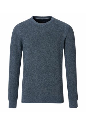 Blauer Strickpullover mit rundem Ausschnitt, langen Ärmeln und gerippten Bündchen. Die Textur ist fein, mit einem dezenten Muster im gesamten Kleidungsstück.
