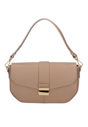 Sac à bandoulière rectangulaire beige avec texture lisse, fermoir doré et sangle réglable fixée par des crochets dorés.