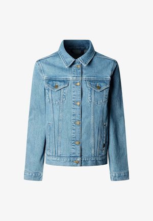 Gaiši zila džinsa jaka ar pogām priekšpusē, divām krūšu kabatām ar atlokiem un pogām, sānu šķēlumu kabatām un klasisku apkakli.